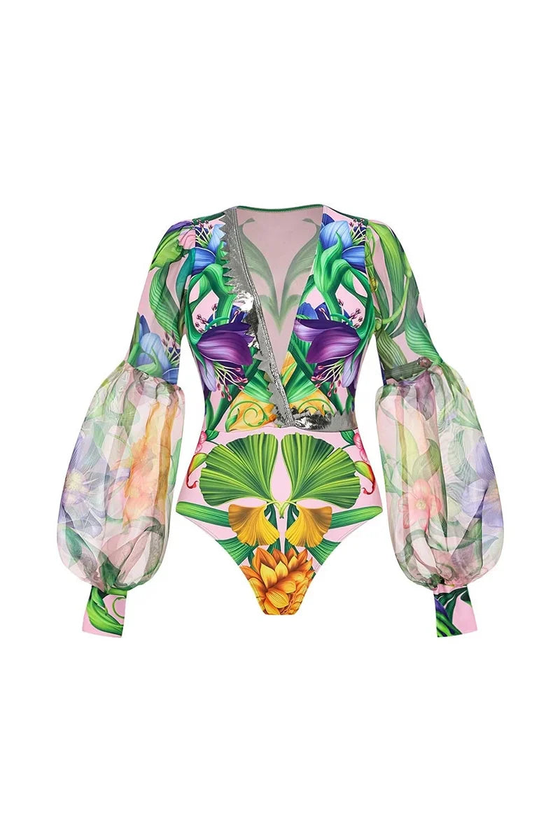 Conjunto de traje de baño estampado con mangas farol y escote en V profundo