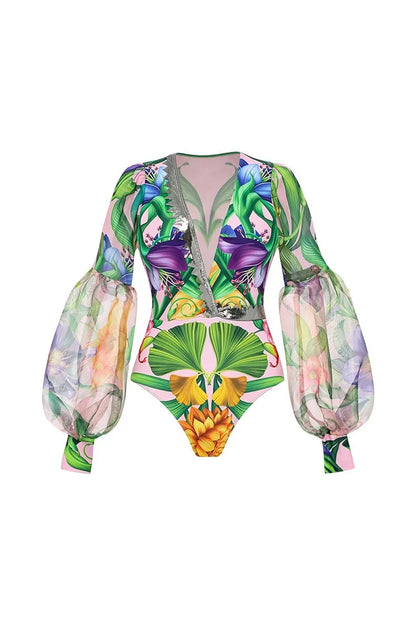 Conjunto de traje de baño estampado con mangas farol y escote en V profundo