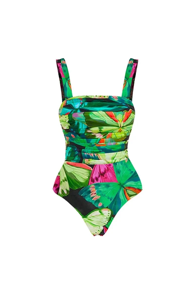 Conjunto de traje de baño adelgazante fruncido con estampado de mariposas