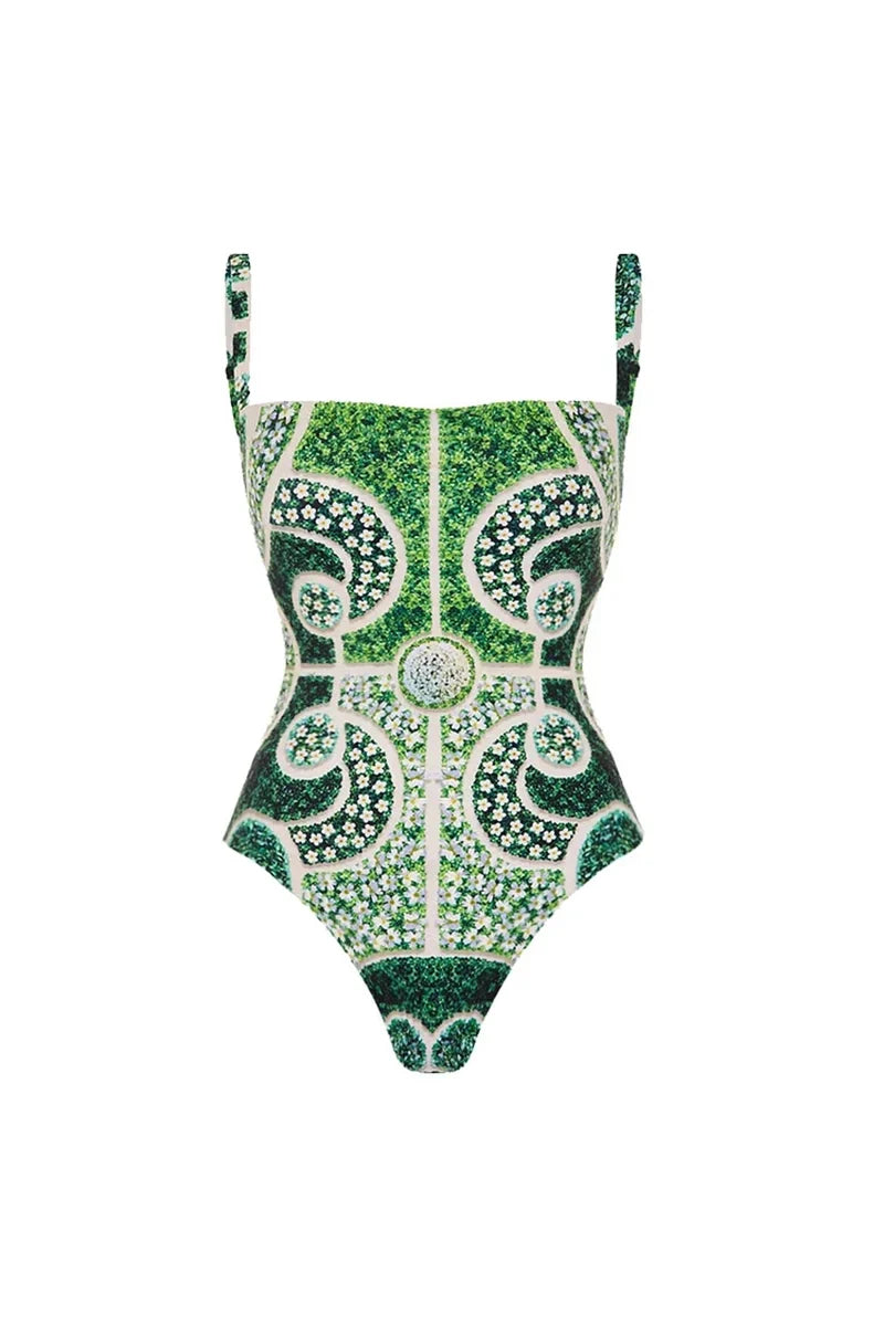Traje de baño de una pieza con estampado étnico verde