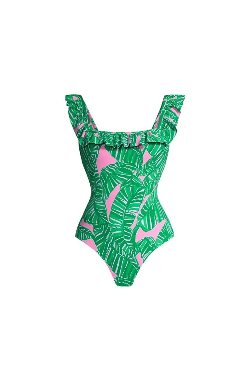 Traje de baño de una pieza con estampado de volantes verdes