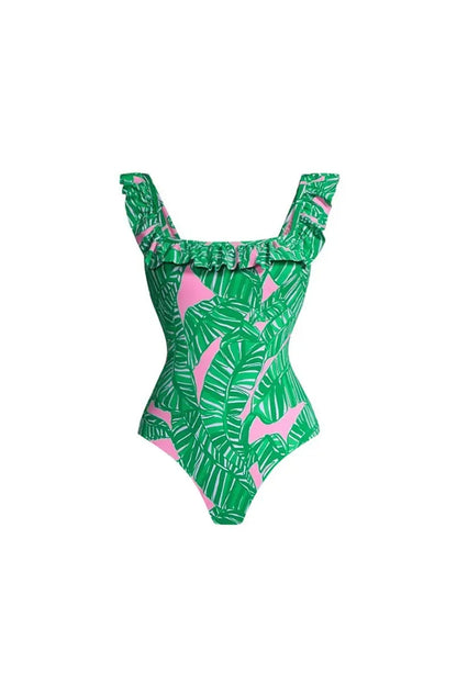 Traje de baño de una pieza con estampado de volantes verdes