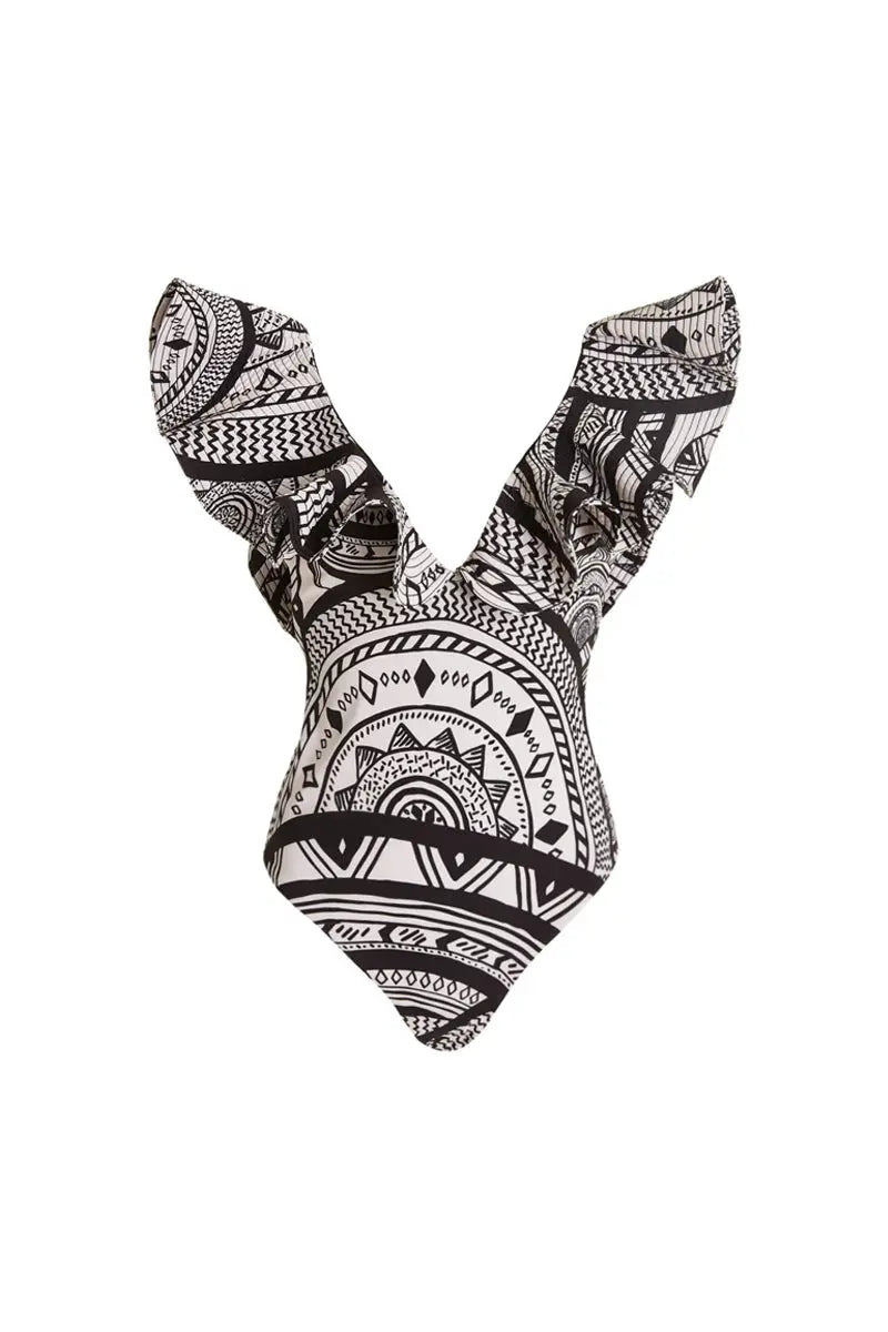 Traje de baño con estampado vintage y volantes en V profundo