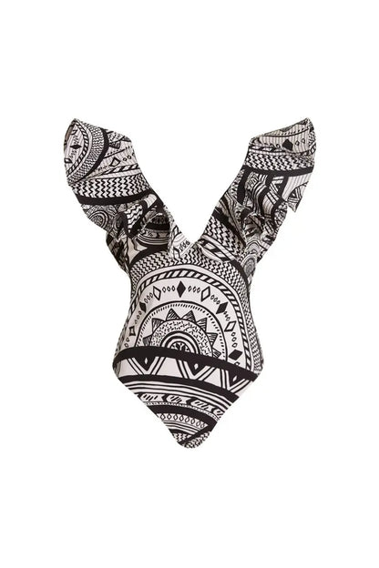 Traje de baño con estampado vintage y volantes en V profundo