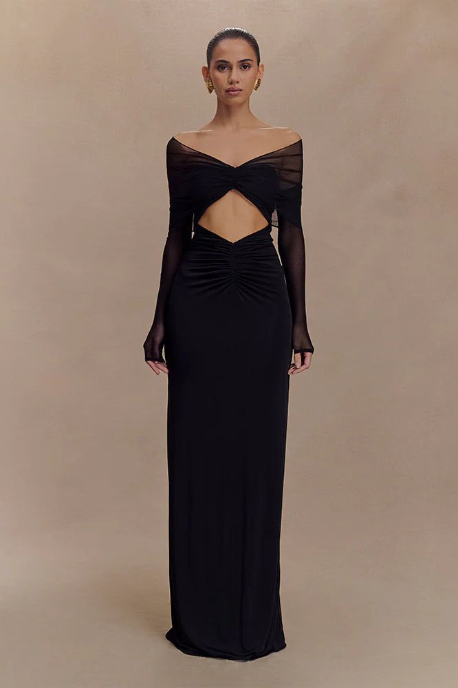 Sheer Mesh Cutout Off Shoulder Patchwork Maxi Dress