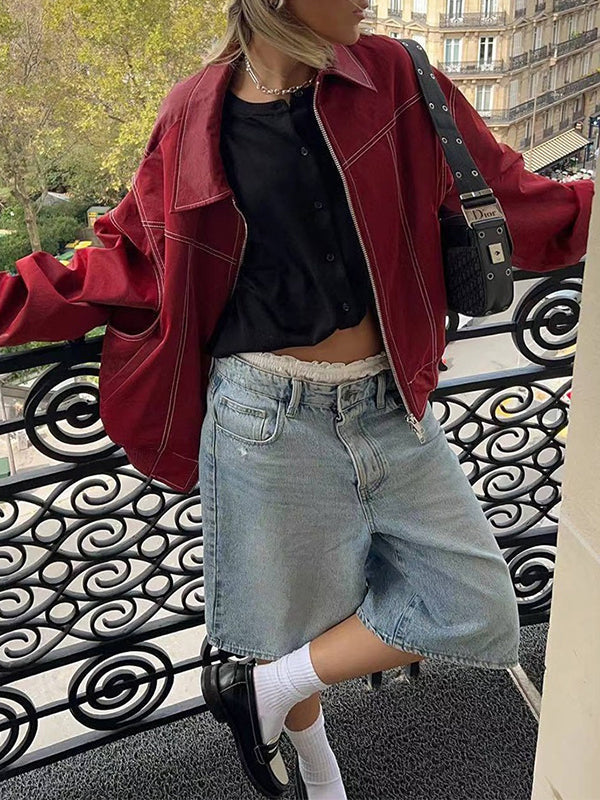 Loose long sleeve vintage leather jacket