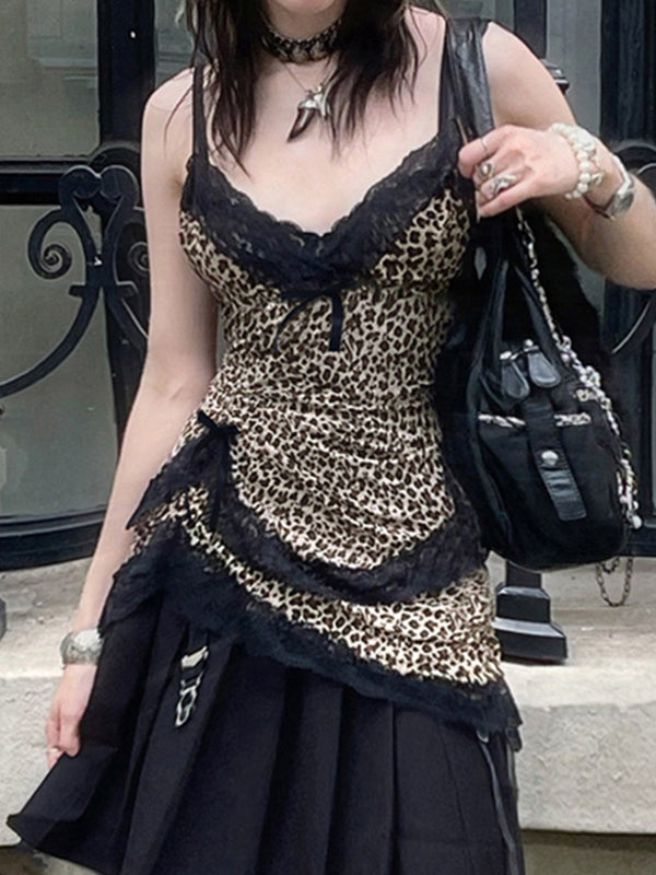 Lace Patchwork Leopard Print Cami Top