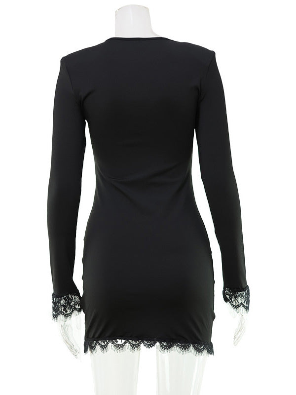 Lace Trim Long Sleeve V-Neck Bodycon Mini Party Dress For Women 2026