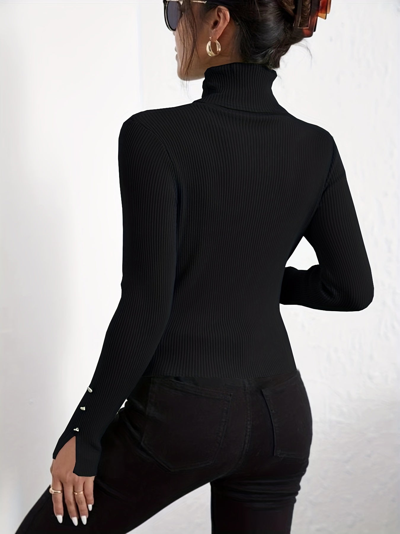 Suéter moderno de cuello alto ajustado en color liso con botones para mujer | Ideal para otoño/invierno