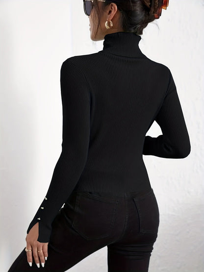 Suéter moderno de cuello alto ajustado en color liso con botones para mujer | Ideal para otoño/invierno
