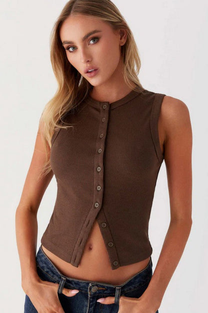 Round Neck Button Detail Ribbed Slim Tank Top