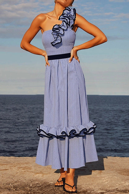 Striped Print Elegant Ruffle Trim Vacation Maxi Skirt