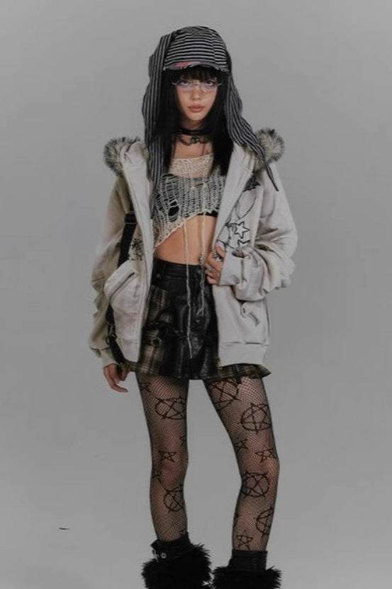 Niche Design Y2K Rabbit Ear Hooded Furry Collar Fleece Coat