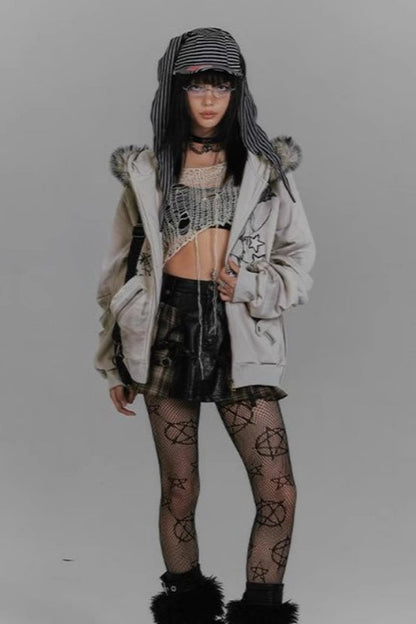 Niche Design Y2K Rabbit Ear Hooded Furry Collar Fleece Coat