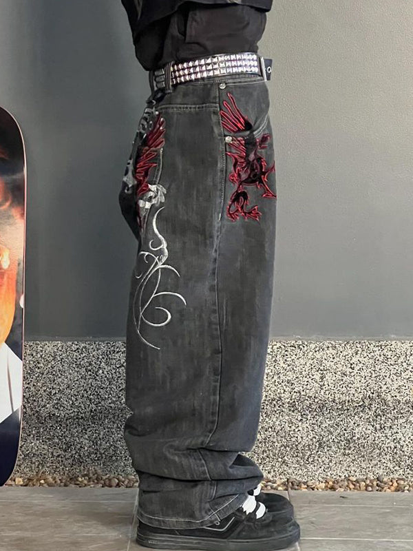 Dark Gothic Skull Print Boyfriend Jeans