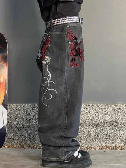 Dark Gothic Skull Print Boyfriend Jeans