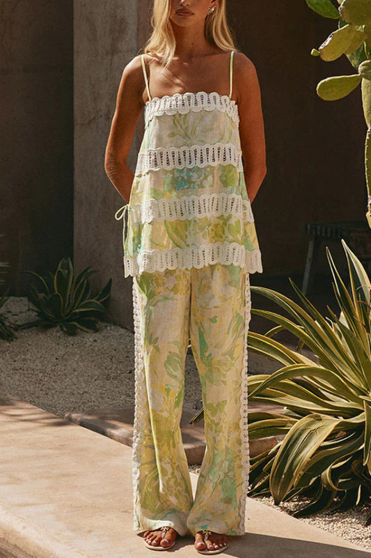 Summer Elegant Printed Curved Crochet Trim Camisole Top and Elastic Waist Casual Pocket Wide-leg Pants Set