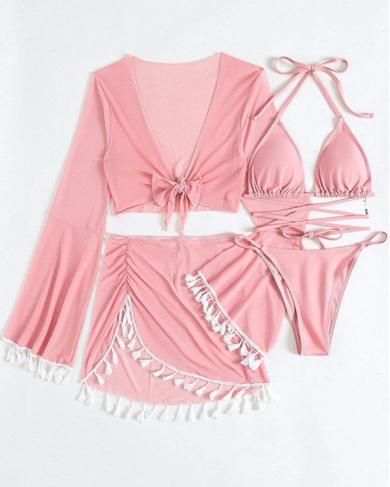 Tassel Cover-up Mesh Miniskirt Bikini