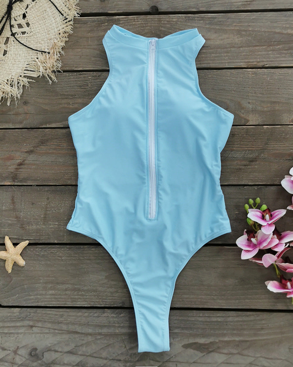 Solid Color Zipper Sleeveless Surfing One-Piece Swimsuit