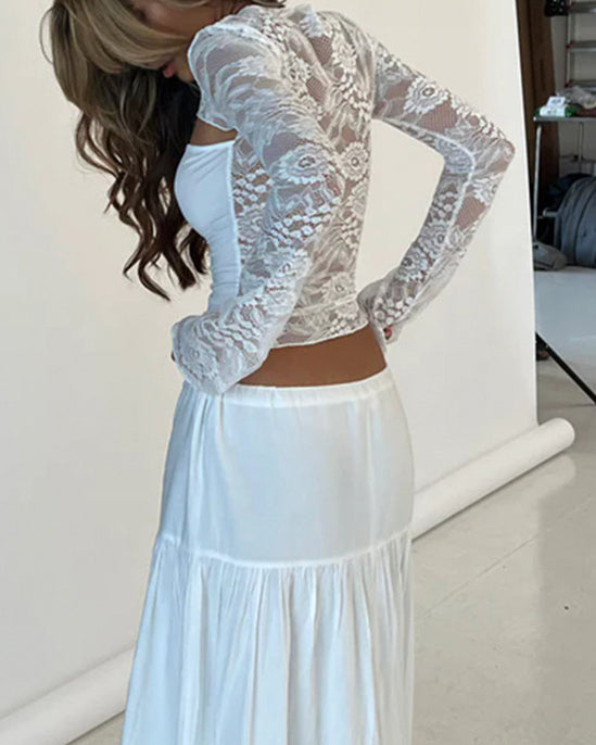 Lace Panel Hollow Design Bell Sleeve Short Top