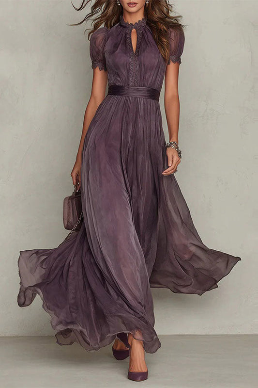 Elegant Lace Trim Keyhole Puff Sleeve Flowing Chiffon Maxi Dress