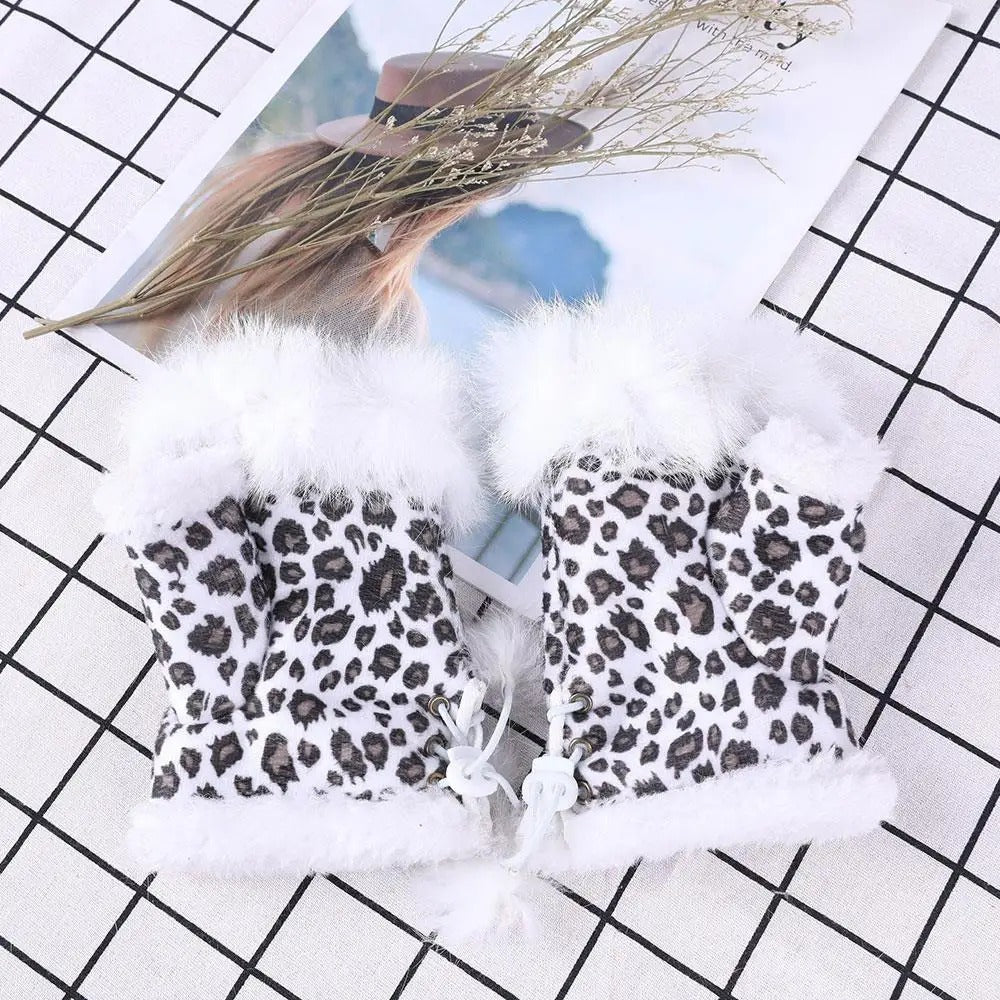 Thicken Fur Leopard Fingerless Gloves