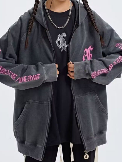 Distressed Contrast Color Embroidered Zip Up Oversized Hoodie