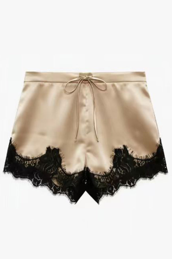 Stylish Satin Lace-trimmed Casual Drawstring Shorts