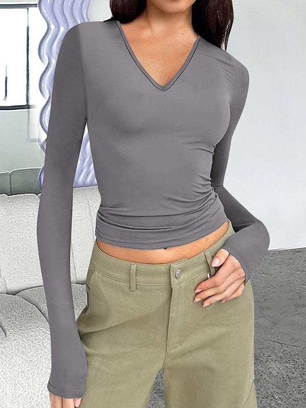 Solid V Neck Slim Long Sleeve Tee