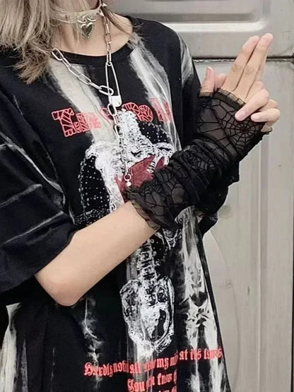 Lace Mesh Spider Web Fingerless Gloves