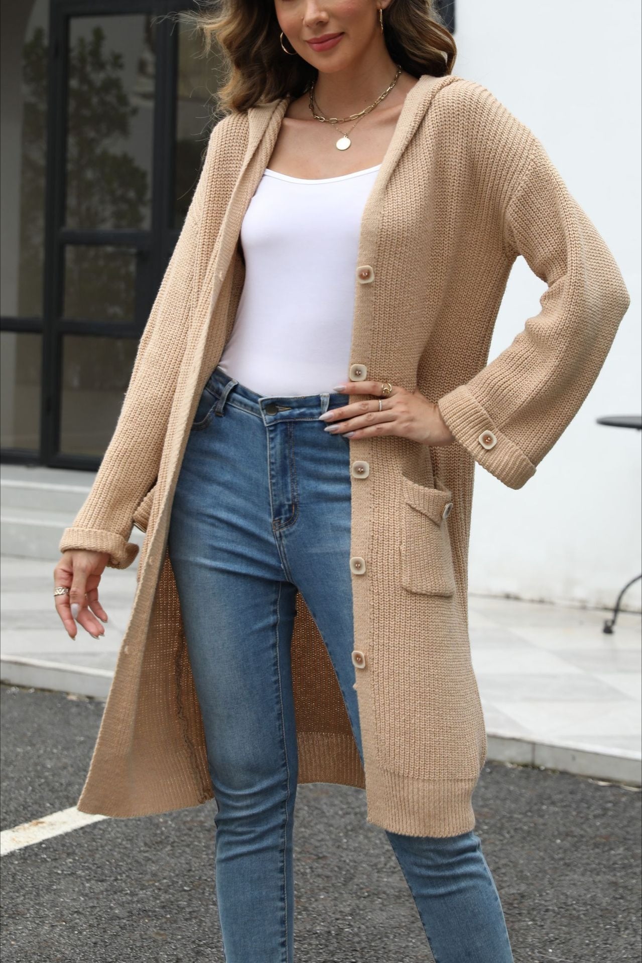 V Neck Solid Color Cardigan
