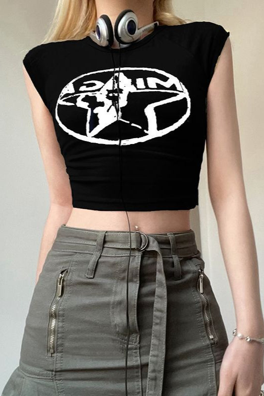 Dark Edgy Print Ruffle Sleeve Slim Crop Top