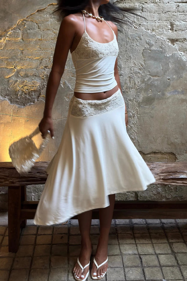 Solid Color Patchwork Lace Halter Neck Fitted Top and Elegant Knee-length Skirt Set