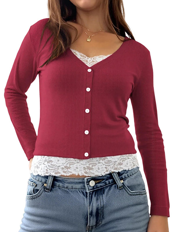Fake Two Piece Lace Long Sleeve Tee