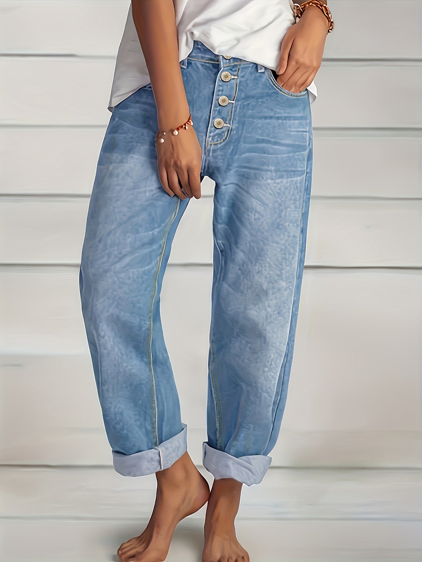 Women's Straight Leg Baggy Jeans with Slash Pockets | Great for Everyday Wear