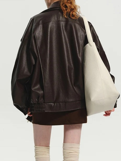 Long Sleeve Brown Leather Jacket