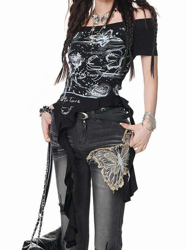Printed Irregular Ribbon Scoop Neck T-Shirt