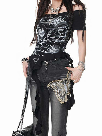Printed Irregular Ribbon Scoop Neck T-Shirt
