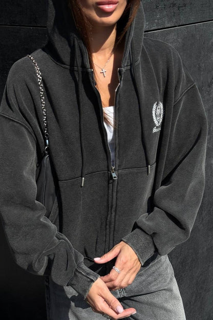 Washed Vintage Zip-Up Letter Embroidery Hoodie