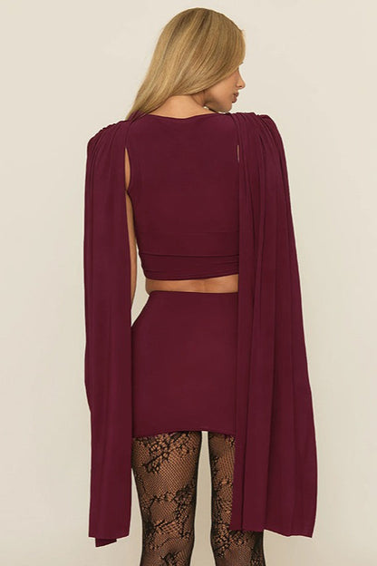 Cowl Neck Shawl Ruched Sexy Two Piece Set