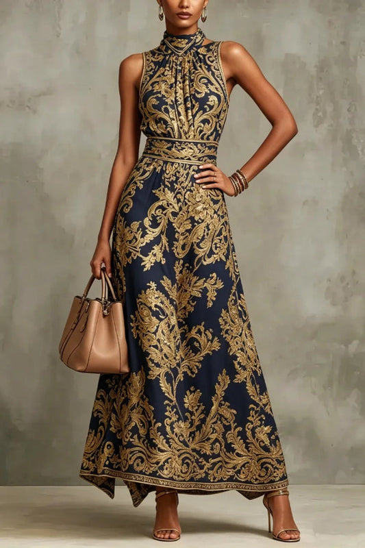 Vintage Gold Embroidered Long Dress