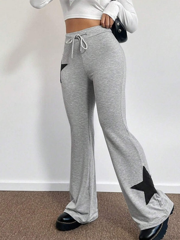 Star Print Highly Elastic High Rise Drawstring Flare Leg Pants