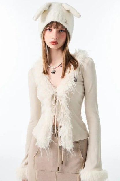 Lace Up V Neck Furry Plush Knit Top
