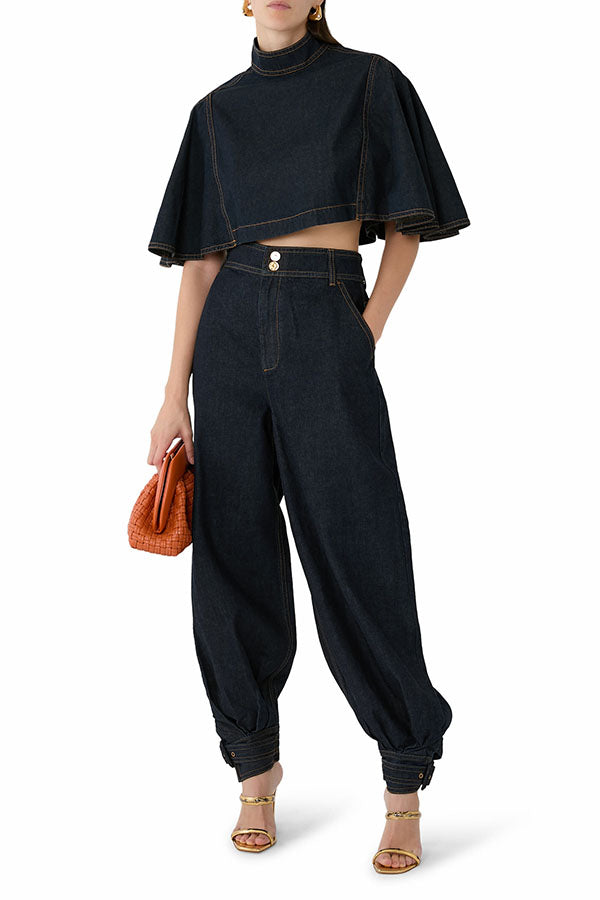 Luna Denim High Rise Pocket Adjustable Buckle Ankle Strap Harem Pants