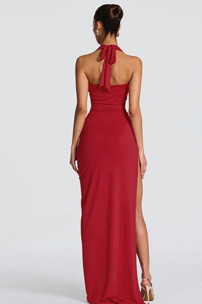 Sexy Deep V Halter Backless Slit Formal Dress