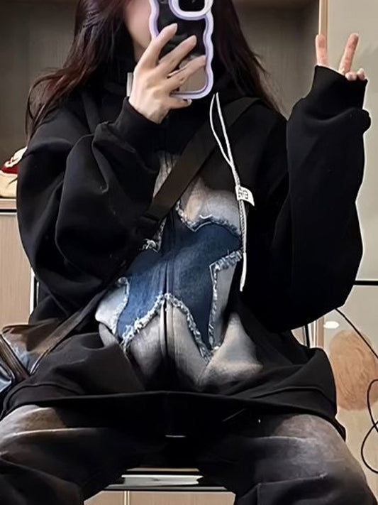 Vintage Star Patchwork Oversized Hoodie