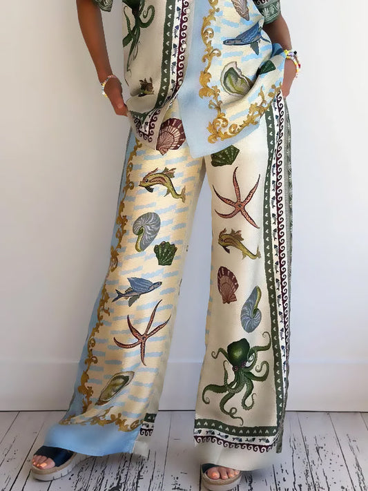 Unique Deep Sea Floral Print Loose Wide-leg Pants