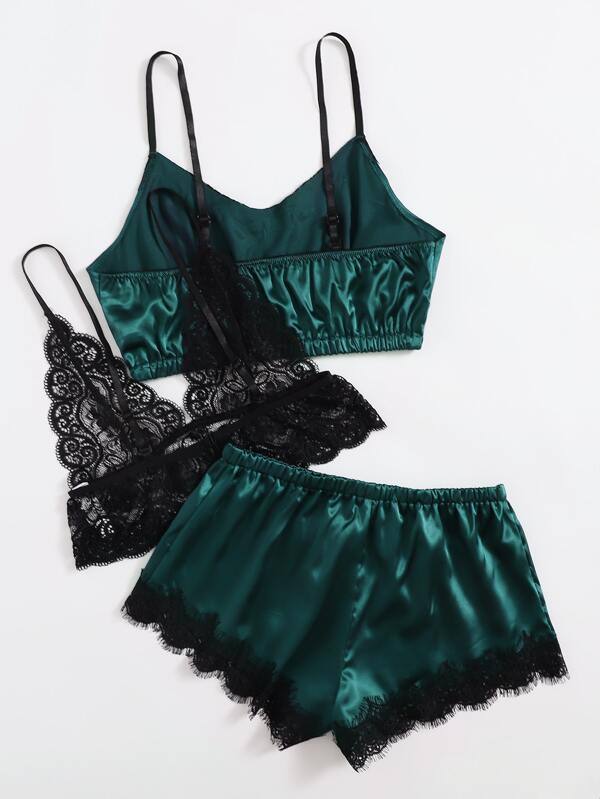 3pack Contrast Lace Satin Lingerie Sets for Women
