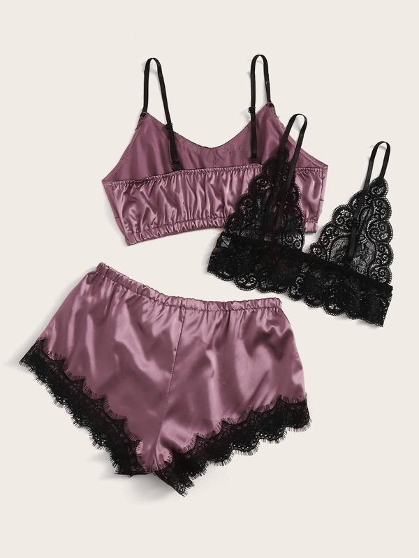 3pack Contrast Lace Satin Lingerie Set for Women