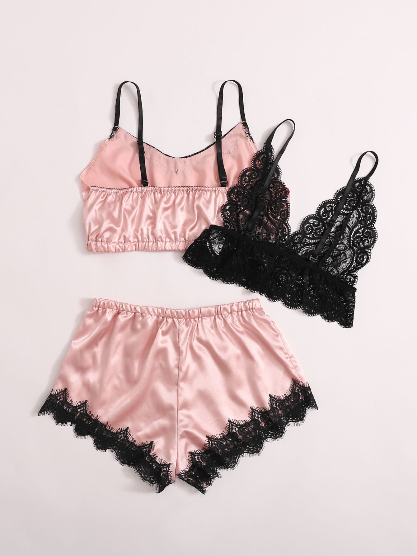 3pack Contrast Lace Satin Lingerie Sets for Women